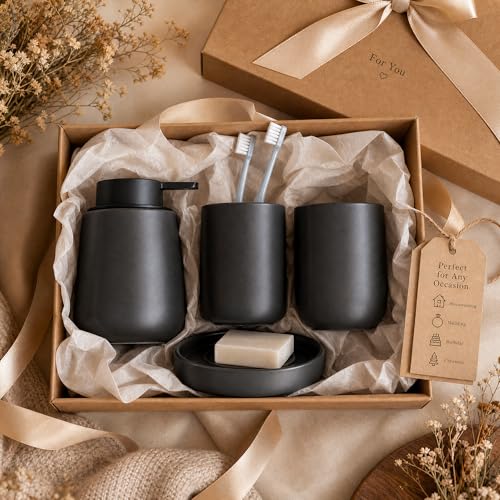 Ceramic Bathroom Accessories Set, foaming soap Dispenser,Bathroom soap and Toothbrush Holder Set,4 Piece with Soap Dispenser, Soap Dish, Toothbrush Holder and Cup, Grey