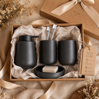 Ceramic Bathroom Accessories Set, foaming soap Dispenser,Bathroom soap and Toothbrush Holder Set,4 Piece with Soap Dispenser, Soap Dish, Toothbrush Holder and Cup, Grey
