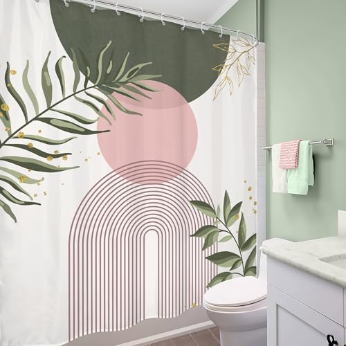 Sage Green Mid Century Pink Boho Abstrac Leaf Bathroom Shower Curtain Set | Bohemian Tropical look; 60"W x 72"L. waterproof HD print, quick-dry fabric and free hooks for easy setup. - color: A-07pink Green, size: 60"W x 72"L (Pack of 1)