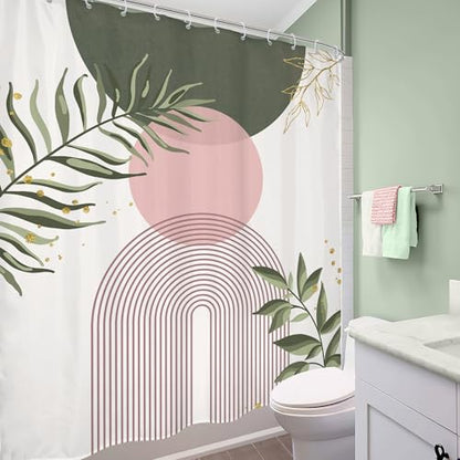 Sage Green Mid Century Pink Boho Abstrac Leaf Bathroom Shower Curtain Set | Bohemian Tropical look; 60"W x 72"L. waterproof HD print, quick-dry fabric and free hooks for easy setup. - color: A-07pink Green, size: 60"W x 72"L (Pack of 1)