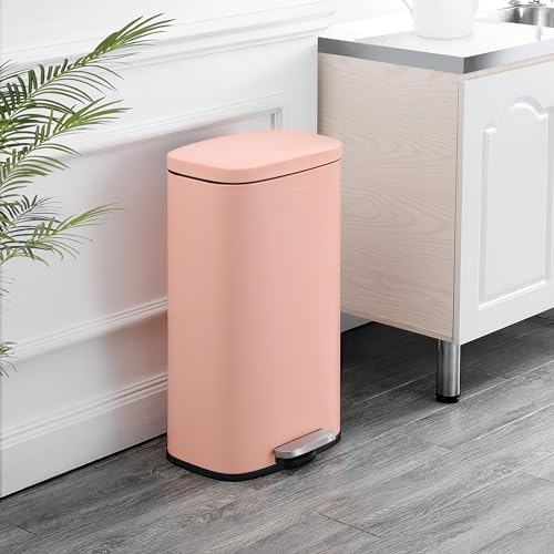 happimess Curtis 8 Gal Step Trash Can Soft Close 25", Flamingo Pink | Iron Construction, Satin Finish, Removable Liner, Steel Pedal, 20 Trash Bags Included, Kitchen Office Bin - color: Flamingo Pink