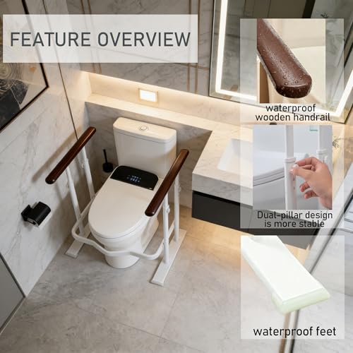 Toilet Safety Rails for Seniors - Toilet Safety Frame with Dual Pillars, Waterproof Nighttime Reflective Base, 3-Speed Height Adjustment (Brown, Double Pillar) - color: Brown