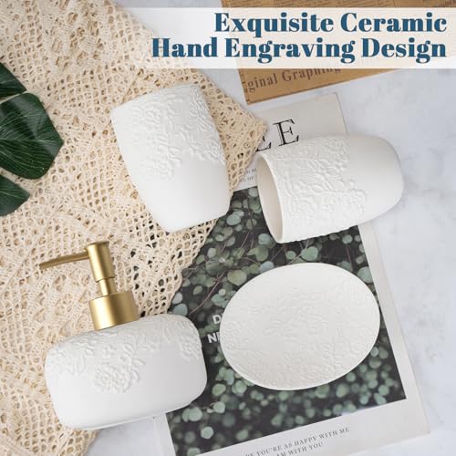 Bathroom Accessories Set, 4pcs Ceramic with Embossed Design Look Sets Bathroom Soap Dispenser with Rust-Proof Plastic Pump 13.5oz & 2Pcs Ceramic Cup, 1Pcs Soap Dish - color: White-gold