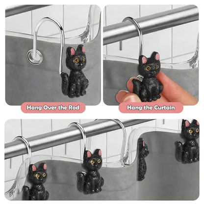 Novabright 12 Pcs Decorative Shower Curtain Hooks Cute Cat Shower Curtain Rings 2.4 Inch Handcraft Resin Cat Hooks for Bathroom 3.8 mm Metal Wire Smooth Sliding Hangers(Cute Style,Black)