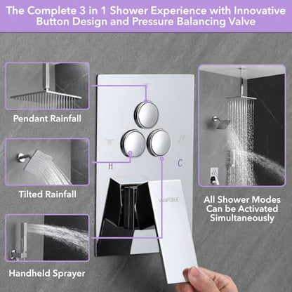 VANFOXLE Shower Faucet Set Chrome Shower System, Push Button Diverter | 10 Inch Ceiling Mount Rain Head, 6 Inch Wall Mount Head, 2-in-1 Handheld Sprayer, Solid Brass Valve, Rust Resistant - color: Chrome, style: 10"+6" Head