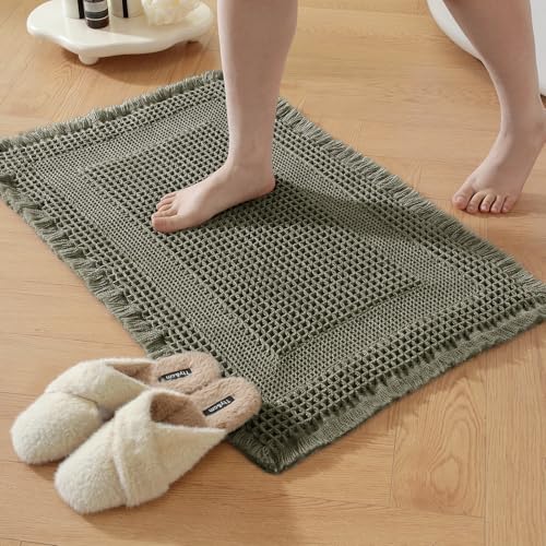 Waffle Bath Mat Non-Slip Olive Green Bathroom Rugs Hallway Bedroom | Super Absorbent,Machine Washable, Quick Drying,Soft Fabric Waffle Weave,with Tassels,17" x 24",for Hallway,Bedroom,Laundry - color: Olive Green, size: 17" x 24"