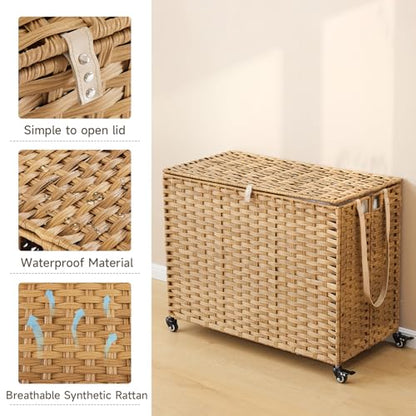 Laundry Hamper with Wheels, 60.72 Gallon(230L) Rolling Laundry Basket with Lid, Removable Large 3 Color Liners & 3 Mesh Laundry Bags, Clothes Hamper with Side Pocket, Natural - color: Natural, size: 35.43"L x 15.75"W x 25.6"H
