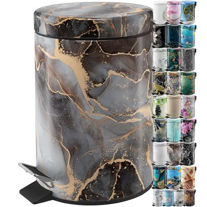 Sanilo Small Bathroom Trash Can with Lid [1.3 Gallon], Lidded Tiny Trashcan for Garbage, Mini Metal Bin with Soft Closing Mechanism, Bath Room Accessoire Wastebin with Inner Bucket (Marble Abstract) - color: Marble Abstract