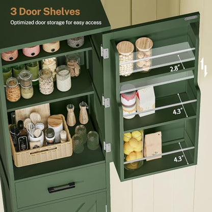 Kitchen Pantry Cabinet with 3 Door Shelves & 1 Drawer, Narrow Bathroom Cabinet with Adjustable Shelves, Tall Storage Cabinet for Living Room, Bathroom, Entryway, Green - color: Green