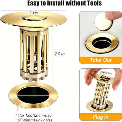 Anlige 3 in 1 Pop Up Bathroom Sink Stopper, Bathroom Sink Drain Strainer with Removable Basket Hair Catcher, Universal Sink Plug Cover for 1.06 in to 1.6 in Drain, Brushed Gold - color: Brushed Gold