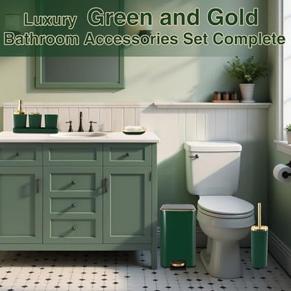 XLHOMO Bathroom Set Bathroom Accessories Set 8 Piece Green and Gold Bathroom Set, Bathroom Sets with Stainless Steel Trash Can,Toilet Brush,Toothbrush Set,Soap Dispenser - size: Hunter Green, style: Bath Set