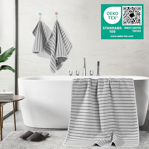 POLYTE 430 GSM Poly Blend Microfiber Quick Dry Waffle Bath Towel Set of 6 | 2-Body Towels, 2-Hand Towels, 2-Wash cloths, Oversize, Lint Free - color: Light Gray/Black