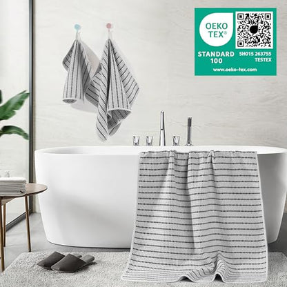 POLYTE 430 GSM Poly Blend Microfiber Quick Dry Waffle Bath Towel Set of 6 | 2-Body Towels, 2-Hand Towels, 2-Wash cloths, Oversize, Lint Free - color: Light Gray/Black