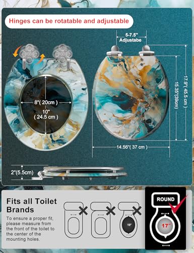 Angol Shiold ROUND Resin Soft Close Toilet Seat Marble 16.5" | Quick Release Heavy Duty Decorative Acrylic Seats Easy to Install & Clean (Modern Green Marble Art Print) - color: Green Marble