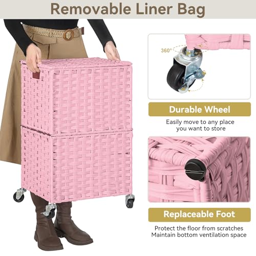 Chrislley Wicker Laundry Basket with Wheels,Rolling Laundry Hamper with Lid | 90L Slim Clothes Hamper with Wheels & Removable Liner Bag, Handwoven Rattan Laundry Organizer for Bedroom, Bathroom, Pink - color: Pink