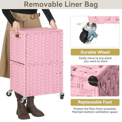 Chrislley Wicker Laundry Basket with Wheels,Rolling Laundry Hamper with Lid | 90L Slim Clothes Hamper with Wheels & Removable Liner Bag, Handwoven Rattan Laundry Organizer for Bedroom, Bathroom, Pink - color: Pink
