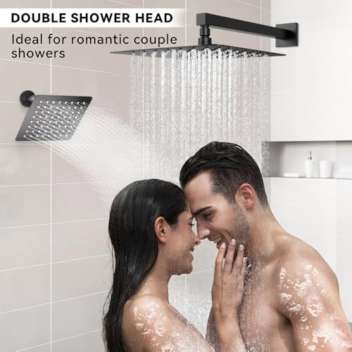 Thermostatic Shower System Matte Black, STARBATH Shower Faucets Sets 12+ 6" Wall Mount Rain Shower and 2 in 1 Handhled, Can Use All at Once, Push Button 3 Modes Valve and Trim Kit Complete Shower Set - color: Matte Black, size: 6+12 inch-12