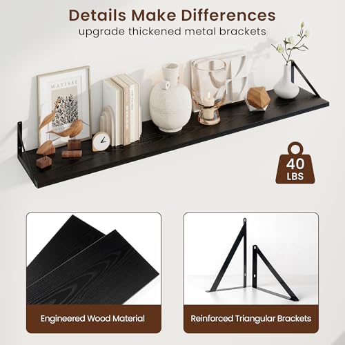 Deep Floating Shelves, 55'' x 10'' Black Wall Shelves Set of 2 | 10 Inch Deep Shelves with Heavy Duty Brackets, Rustic Wood Shelves for Bathroom Living Room, Engineered Wood, 55LBS - color: Black, size: 55W x 10D