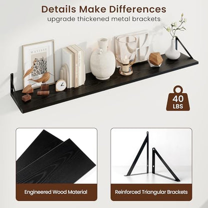 Deep Floating Shelves, 55'' x 10'' Black Wall Shelves Set of 2 | 10 Inch Deep Shelves with Heavy Duty Brackets, Rustic Wood Shelves for Bathroom Living Room, Engineered Wood, 55LBS - color: Black, size: 55W x 10D