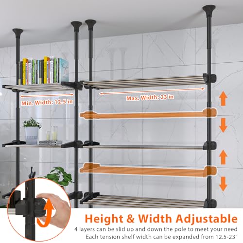 4-Tier Over The Toilet Storage Shelf, 4.5-9.5 FT Adjustable Bathroom Organizer, Heavy Duty Metal Shelves Above Behind Toilet Laundry, Space-Saving Shelving for Small Rooms, No Drill Tenant Friendly - color: Black