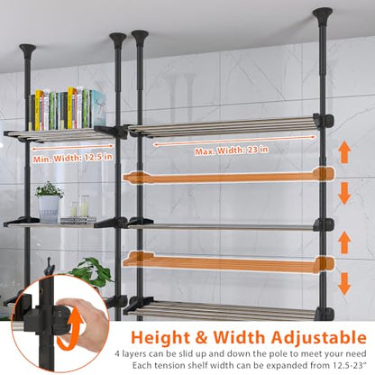 4-Tier Over The Toilet Storage Shelf, 4.5-9.5 FT Adjustable Bathroom Organizer, Heavy Duty Metal Shelves Above Behind Toilet Laundry, Space-Saving Shelving for Small Rooms, No Drill Tenant Friendly - color: Black