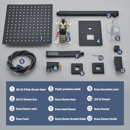 Shower Faucet Matte Black Shower System with 12 Inches Rain Shower Head and Handheld Spray Bathroom Luxury Rain Shower Faucet Set Complete Wall Mounted - color: Matte Black, size: Matte Black-12