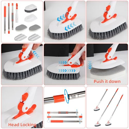 Bathtub Cleaning Brush Long Handle, Shower Bathroom Cleaner Brush Scrubber | 3 Different Detachable Scrub Brush Replacement Head for Scrubing Bathroom Floors, Tubs, Tiles, Kitchen Walls