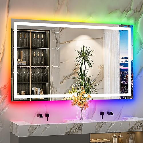 60x36 Inch RGB LED Bathroom Mirror Front Light and RGB Backlit Lighted Vanity Mirror for Bathroom Wall Mounted Dimmable Anti Fog Memory Shatter-Proof IP54 Waterproof Horizontal/Vertical - color: Rgb Backlit+front Lit, size: 60"L x 36"W