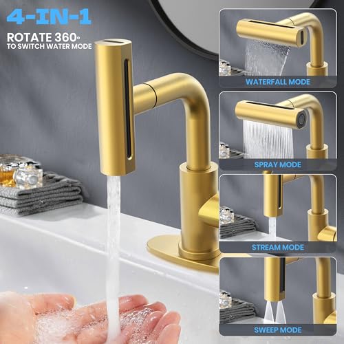 Gold Bathroom Faucet with Sprayer - Brushed Gold Bathroom Faucets for Sink 1 Hole or 3 Holes, 4 Mode Single Handle Vanity Faucet Waterfall Bathroom Faucet with Pull Down Sprayer (No Drain) - color: Gold
