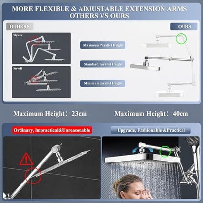14 Inch Rain Shower Head with Handheld Spray Combo and Extention Arm, Rainfall Waterfall High Pressure Large Shower Heads, Dual Showerhead with 3-Way Diverter - Height/Angle Adjustable(Chrome) - color: Chrome, size: 14 Inch