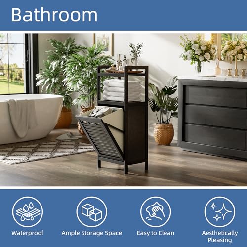 HITNET Tilt Out Laundry Hamper, Bamboo Bathroom Cabinet with Pull Out Removable Bag and 2 Tier Storage Shelves, 10 Gal Clothes Basket with Metal Handle, Black - color: Black