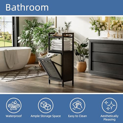 HITNET Tilt Out Laundry Hamper, Bamboo Bathroom Cabinet with Pull Out Removable Bag and 2 Tier Storage Shelves, 10 Gal Clothes Basket with Metal Handle, Black - color: Black