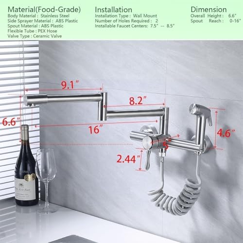 Wall Mount Kitchen Faucet, Folding Commercial Tap with Side Sprayer | 304 Stainless Steel Constructed, Brushed Nickle, Rotatable, 8"" Center - color: Style C, Faucet with Stand