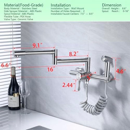 Wall Mount Kitchen Faucet, Folding Commercial Tap with Side Sprayer | 304 Stainless Steel Constructed, Brushed Nickle, Rotatable, 8"" Center - color: Style C, Faucet with Stand