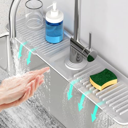 24 Inch Longer Faucet Mat for Kitchen Sink [5°Slope Fast Self-draining]Bathroom Kitchen Sink Splash Guard Silicone Sink Faucet Mat Splash Guard Kitchen Sink Area Tidy Splash Faucet Guard Draining Mat - color: Light Gray, size: 24" x 5.5"