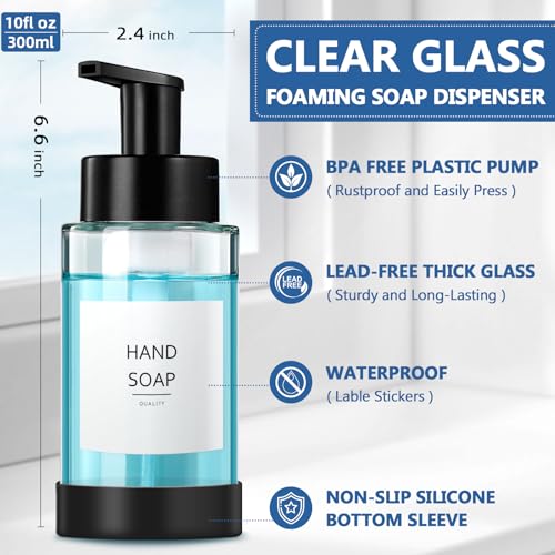 RYTOXILO Foaming Soap Dispenser, 10 oz/300ml Foaming Hand Soap Dispenser, 2 Pack Glass Dispenser with 2 Non-Slip Silicone Bottom Sleeve, Refillable Foam Dispenser for Bathroom & Kitchen - color: Clear Bottle, size: 10 Fl oz with Silicone Boot