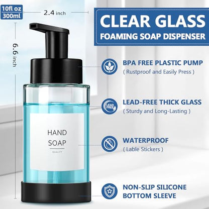 RYTOXILO Foaming Soap Dispenser, 10 oz/300ml Foaming Hand Soap Dispenser, 2 Pack Glass Dispenser with 2 Non-Slip Silicone Bottom Sleeve, Refillable Foam Dispenser for Bathroom & Kitchen - color: Clear Bottle, size: 10 Fl oz with Silicone Boot