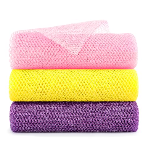 Extra-Long African Net Sponge 3Pk Multi-Color Exfoliating Scrub | Fast Drying African Bath Net, Gentle Exfoliating Scrub for Full Body & Back Spa Shower - color: Yellow,pink, Purple