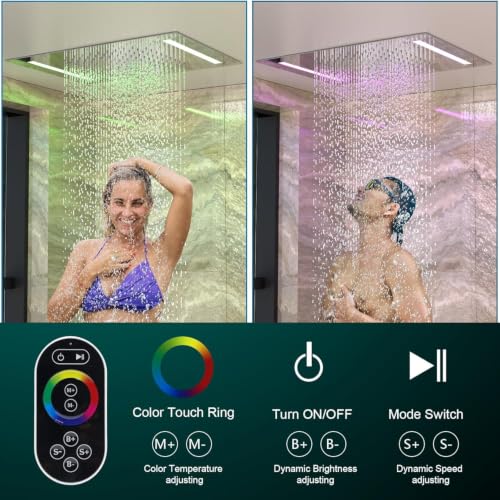 Digital Display Shower Faucet Set Dual Heads LED Shower System | 14X20" LED Ceiling Shower with Light Remote & 6" Wall Mounted Shower Head & Dual Function Handheld Shower, Chrome - color: Chrome