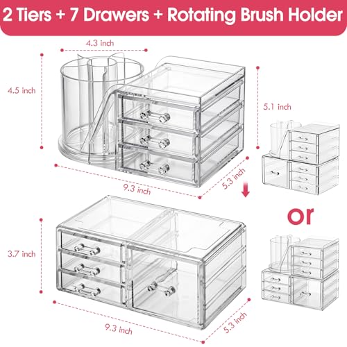 ShineMe Make Up Organizers for Vanity, 2 Tier Acrylic Stackable Cosmetic Organizer with Rotating Makeup Brush Holder & 7 Drawers, Clear Hair Accessory Organizer Countertop for Dresser, Bathroom - size: 2tire, 7 drawers