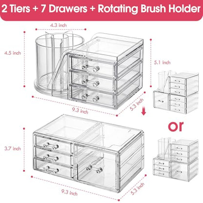 ShineMe Make Up Organizers for Vanity, 2 Tier Acrylic Stackable Cosmetic Organizer with Rotating Makeup Brush Holder & 7 Drawers, Clear Hair Accessory Organizer Countertop for Dresser, Bathroom - size: 2tire, 7 drawers