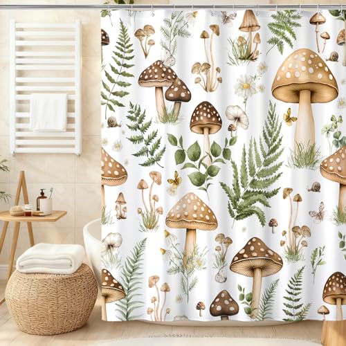 Mushroom Shower Curtain, Green Plant with Daisy Flower Shower Curtains for Bathroom, Groovy Waterproof Polyester Fabric Shower Curtain Set with Hooks, Standard Size 72 x 72 inches Bathroom Decor - color: Green