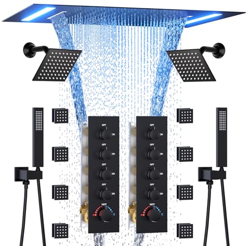 HOMEDEC Luxury Dual Shower System for Couples, LED 14x20" 2-Function and Dual 6" Side Wall Mounted Shower Heads, with 4-Way Diverter Valves, Black - color: Black