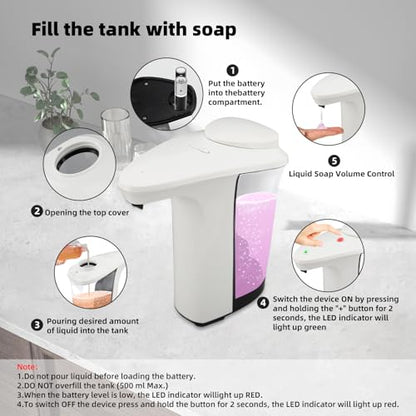 Automatic Soap Dispenser, Touchless Battery Operated Hand Soap&Dish Soap Dispenser, Sensor Liquid Soap Dispenser 17oz/500ml with Adjustable Output for Kitchen Sink Bathroom Commercial(White) - color: White