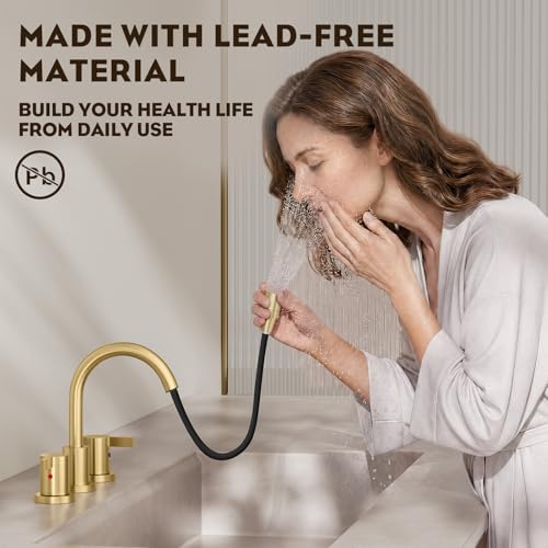 Pull Down Sprayer Brushed Gold 8 Inch Bathroom Sink Faucet, 2 Handles 3 Hole Widespread Pull Out Bathroom Faucet，with Pop Up Drain and Water Supply Line,BF04022-K01-BG - color: Brushed Gold