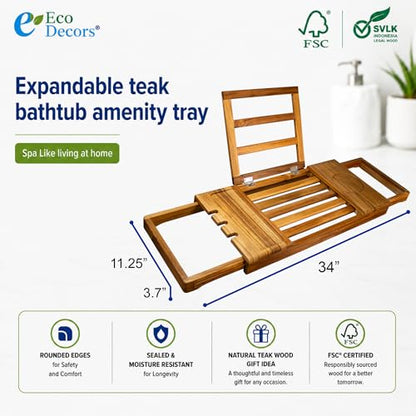 EcoDecors Expandable Teak Bathtub Tray Caddy – Adjustable Wooden Bath Tub Tray with Wine Glass Holder, Book & Tablet Stand, Spa Bath Caddy Organizer, Waterproof Solid Teak Bath Shelf