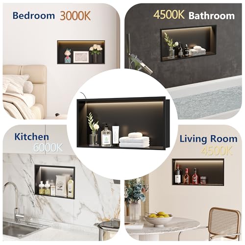 24"x12"Black LED Shower Niche,3 CCT Dimmable Light, No Tile Needed | 304 Stainless Steel Bathroom Niche w/ Light(3000K/4000K/6000K), IP66 Waterproof, Space Saving & Durable ,LED Driver Included - color: Matte Black, size: 24X12In