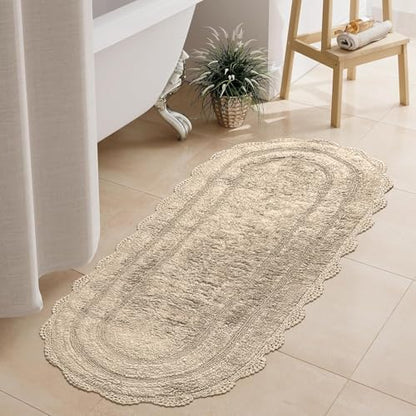 Chardin Beige Crochet Bath Runner Rug, 100% Cotton, 24x60 Inch | Home, Oval Bathmat, Artisanally Handcrafted Crochet Border, Large Long, Master bathrooms, Bathtubs, Bedside, Nursery - color: Beige, size: 2' x 5' (Oval)