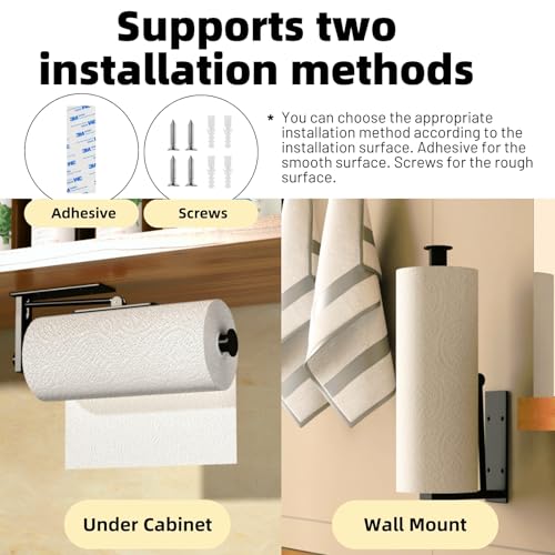 Under Cabinet Paper Towel Holder, One-Hand Tear Paper Towel Holder, Black | Stainless Steel Wall Mount Self Adhesive Paper Towel Rack with Tension Arm, Fits for First Apartment Essentials, Kitchen, RV - color: Black