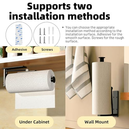 Under Cabinet Paper Towel Holder, One-Hand Tear Paper Towel Holder, Black | Stainless Steel Wall Mount Self Adhesive Paper Towel Rack with Tension Arm, Fits for First Apartment Essentials, Kitchen, RV - color: Black